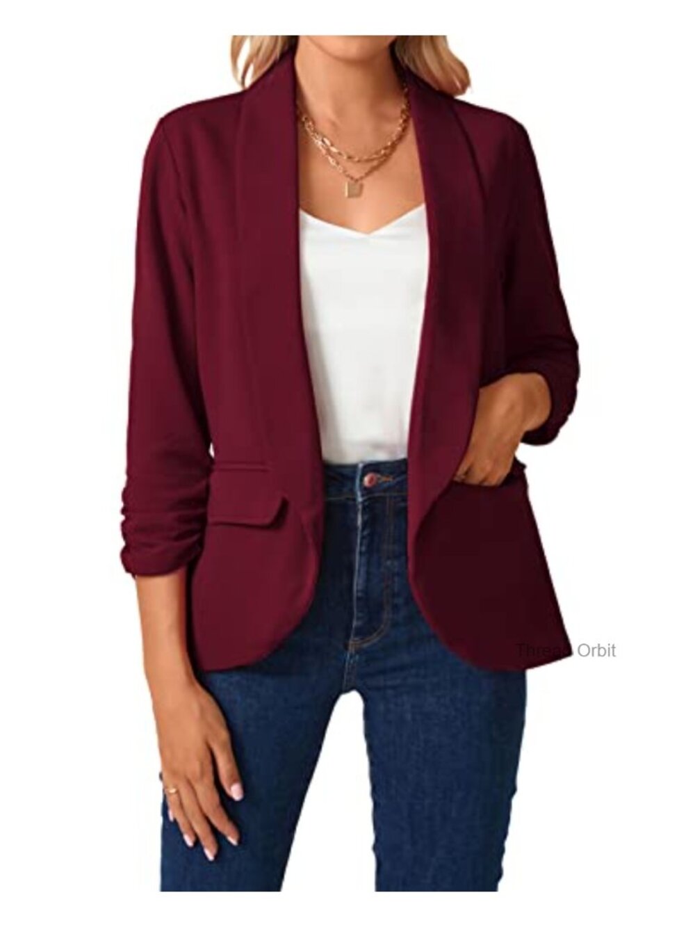 Womens 3/4 Sleeve Blazer Shawl Collar Open Front Jacket Pockets